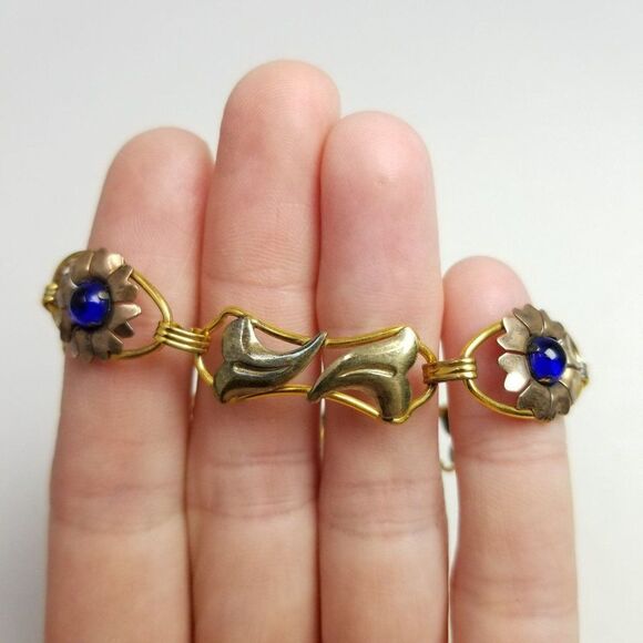 Vintage Providence Stock Co Gold Filled Sterling Silver Blue Flower Bracelet - Picture 8 of 9